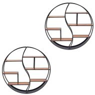 Set 2x Wandregal rund Holz mit Metallrahmen Divit Schweberegal mit 6 Ablagen 68cm Durchmesser RE15 schwarz