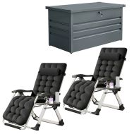 2x Chaise de jardin pliante SR11, transat avec coussin en métal noir + Coffre de rangement extérieur en métal AB5 Coffre de jardin verrouillable 350 litres