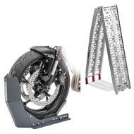 Set: Auffahrrampe bis 340 kg Alu-I klappbar + Transportständer Easy-Fix Motorradwippe bis 21 Zoll grau