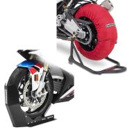 Set: Reifenwärmer Set Laguna Seca 60-80°C passend für Vorderrad und Hinterrad + Transportständer Easy-Fix Motorradwippe bis 21 Zoll schwarz