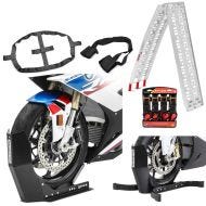 Set: Transport Set Motorradwippe Easy Fix + Fixiergurte + Spanngurte Constands schwarz-rot + Motorrad Auffahrrampe Alu CS1 + Motorradwippe Easy Plus klappbar max. 340kg