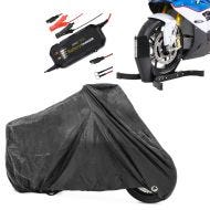 Set: Set Motorrad Batterie Ladegerät + Abdeckplane XL schwarz + Motorradwippe Constands Easy-Plus Motorradständer bis 21 Zoll schwarz