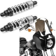 Set: Stossdämpfer hinten 12" (305mm) passend für Harley Davidson Dyna 1991-2017 chrom Craftride + Frontverkleidung passend für Harley Davidson Dyna Low Rider / Street Bob Craftride MG5 mit Scheibe schwarz-rauchgrau