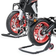 Set: Béquille sous tete de fourche Classic leve moto roue avant + Béquille d'Atelier Arrière Falcone