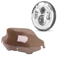 Set: Paré-Brise Wave 8" compatible avec Harley Davidson Electra Glide Ultra Classic 96-13 fumé clair Craftride + Phare LED 7" compatible avec Harley Davidson avec marque E DRL Craftride FS7 chrome