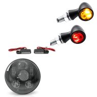Jeu de phares à LED 5,75" + clignotants de guidon à LED M2 avec E-mark, teintés + clignotants à LED avec feu arrière et stop, teintés