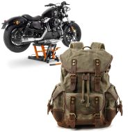 Set: elevateur ciseaux Mid-lift L 680kg or ConStands avec Sac à dos moto Canvas RG8 Vintage 20Ltr vert