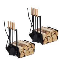 Set 2x Panier à bûches avec couverts de cheminée 4 pièces en métal Accessoires de cheminée Divit avec pelle, brosse à cendres, pince et tisonnier ME100 noir