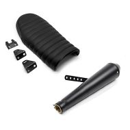 Set: Pot d'échappement Cone Silencieux Moto Caferacer universel noir + Selle pour transformation moto en Café-Racer ou Scrambler Flat noir