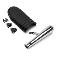 Set: Endschalldämpfer Universal Caferacer Cone chrom + Sitzbank passend für Cafe-Racer oder Scrambler Umbau Flat schwarz