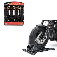 Set: Motorradwippe Easy Vario Vorderradklemme einstellbar schwarz + Spanngurt Set mit Ratsche und Haken inkl 4x Zurrschlaufe in schwarz