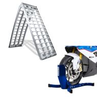 Set: Alu Auffahrrampe V, bis 680 kg, klappbar, passend für Motorrad, Scooter, Quad + Motorradwippe Easy-Plus Motorradständer bis 21 Zoll blau