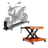 Rail de Range avec Bloque Roue Smart Mover max. 450 kg gris + Moto Cric Chariot De Déplacement Mid-lift M Mover 500 kg en orange
