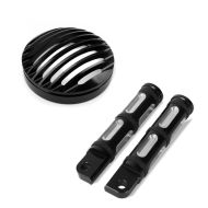 Set: Moto Grille de Phare Craftride compatible avec Harley Davidson Sportster 04-20 en noir + repose pieds Chauffeur-Passager compatible avec Harley Davidson Craftride FP5 noir
