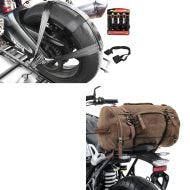 Set: Hinterrad und Lenker Zurrgurt mit 4x Ratschen-Spanngurten Set + Hecktasche Vintage 35L Canvas Rucksack Gepäckrolle braun_1