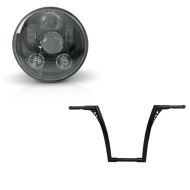 Set: Lenker Ape Hanger Fat B2 1-1/4" Höhe 16" passend für Harley Davidson von Craftride Schwarz + LED Scheinwerfer 5,75 Zoll passend für Harley Davidson Hauptscheinwerfer schwarz Craftride