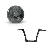 Set: Lenker Ape Hanger Fat B2 1-1/4" Höhe 12" passend für Harley Davidson von Craftride Schwarz + LED Scheinwerfer 5,75 Zoll passend für Harley Davidson Hauptscheinwerfer schwarz Craftride