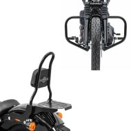 Set: Sissy Bar CSM avec porte bagages compatible avec Harley Davidson Softail 18-24 noir Craftride + Pare cylindre compatible avec Harley Davidson Softail Standard 20-24 HB4 noir Pare carter Craftride