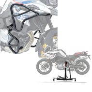 Set: Pare carter XL Set compatible avec BMW F 850 GS / F 750 GS 18-23 haut et bas crashbar + Lève moto centrale BMW F 750 GS 18-23 gris ConStands Power-Evo