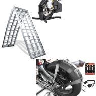 Set: Motorrad Auffahrrampe Alu CP5 + Motorradwippe Easy Plus klappbar max. 680kg + Hinterrad und Lenker Zurrgurt mit 4x Ratschen-Spanngurten Set Abspanngurt