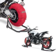 Set: Motorrad Reifenwärmer Set Laguna Seca ConStands 60-80°C passend für Vorderrad und Hinterrad 17 Zoll in rot + Motorrad Montageständer Set Constands SBL Motorradständer vorne und hinten