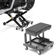 Set: Moto Pont elevateur ciseaux ConStands Mid-lift XL Cric hydraulique 500kg en noir + Tabouret d'atelier à roulettes ConStands WS3 siège d'atelier noir