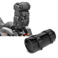 Set: Sacoche Sissy Bar Arrière + sac rouleau pour Motos Custom Craftride DLX Cuir PU + Moto Sacoche de Fourche Rouleau Craftride Kansas 3Ltr Custom sac à outils en noir