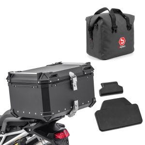 Set top case moto aluminium 65L + sac intérieur dry bag + dosseret passager Bagtecs XB65 noir