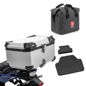 Set Motorrad Aluminium Topcase 65L + Innentasche Dry Bag passend für BMW R 1250 GS Adventure Bagtecs XB65 Alu Top Case silber + Sozius Rückenpolster