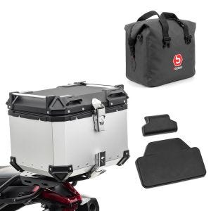 Set Motorrad Aluminium Topcase 45L + Innentasche Dry Bag passend für Honda Transalp XL 750 Bagtecs XB45 Alu Top Case silber + Sozius Rückenpolster