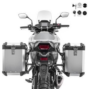 Set Valises laterales en aluminium 38-48L adapté à Honda Transalp XL 750 Bagtecs XW38-48 argent + adapteur