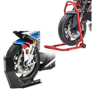Set: Lenkkopfständer Classic 5 PIN Lenkkopf Montageständer rot + Transportständer Easy-Fix Motorradwippe bis 21 Zoll schwarz_1