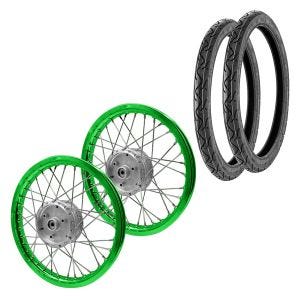 Set 2x Speichenrad Felge Alu 1,6x16 passend für Simson S51 S50 S70 Schwalbe KR51 Alufelge Craftride AF16 grün + 2x Reifen Vee Rubber VRM099 vorne hinten