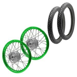 Set 2x Speichenrad Felge Alu 1,6x16 passend für Simson S51 S50 S70 Schwalbe KR51 Alufelge Craftride AF16 grün + 2x Reifen Vee Rubber VRM094 vorne hinten