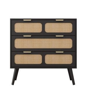 Rattan Kommode 3 Schubladen 80 x 35 x 79,5cm Divit KM27 Sideboard Rattan Schwarz DPL1