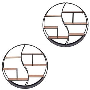 Set 2x Wandregal rund Holz mit Metallrahmen Divit Schweberegal mit 6 Ablagen 68cm Durchmesser RE15 schwarz
