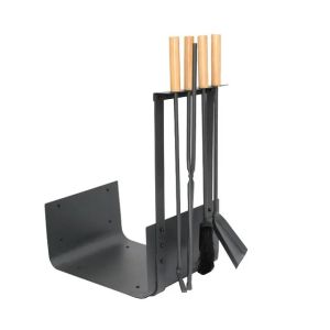 Kaminholzkorb mit Kaminbesteck 4-teilig Metall Divit  Kaminzubehör mit Schaufel, Aschebesen, Zange und Schürhaken ME100 schwarz DPLI1
