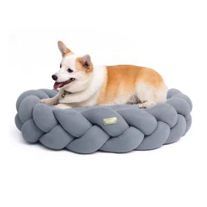 Lit pour chien tressé HB2 Coussin pour animaux domestiques lavable rond