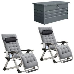 2x Gartenstuhl klappbar SR11 Liegestuhl Sonnenliege mit Auflage Metall grau + Outdoor Metall Aufbewahrungsbox AB5 Gartentruhe verschließbar 350 Literl
