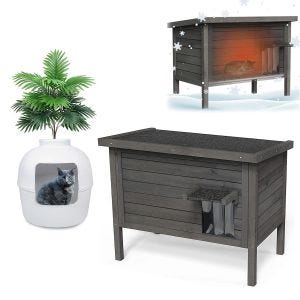 Ensemble maison d'extérieur pour chat résistant aux intempéries + bac à litière pour chat avec plante artificielle Divit HK1 cabane en bois pour animaux de compagnie et toilettes pour chat