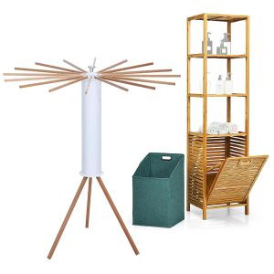 Ensemble d'étagères en bambou avec panier à linge + étendoir pliable Divit WS9 armoire haute de salle de bain et portant en bambou