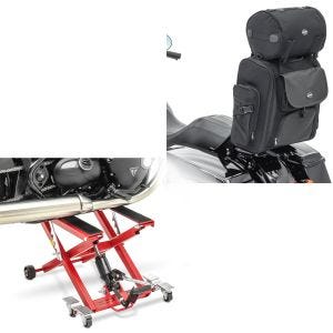 Set: Hebebühne Mid-lift XL Motorradheber bis 500kg in rot + Sissybar Tasche SXL Hecktasche mit Gepäckrolle in schwarz