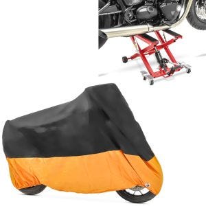 Set: Moto Pont elevateur ciseaux Mid-lift XL Cric hydraulique 500kg en rouge + Housse de Moto XXXL Bache Moto imperméable en noir-orange
