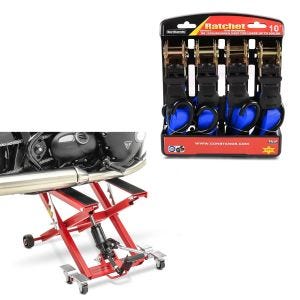 Set: Moto Pont elevateur ciseaux Mid-lift XL Cric hydraulique 500kg en rouge Constands + Moto Sangle Set avec cliquet et crotchet incl 4x boucles de chargement