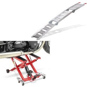 Set: Moto Pont elevateur ciseaux Mid-lift XL Cric hydraulique 500kg en rouge + rampe de chargement III en Alu max. 270 kg triple pliable