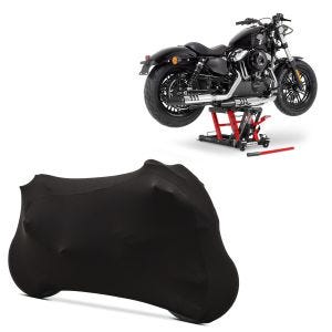 Set: Moto Pont elevateur ciseaux L compatible avec moto custom et Chopper 680kg en rouge + Housse moto M-L Stretch Indoor Garage en noir CB38753