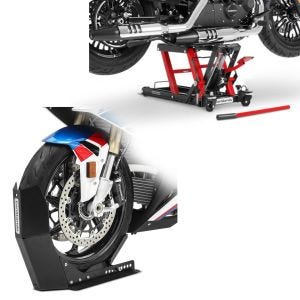 Set: Hebebühne Lift L für Harley und Chopper -680 kg rot + Transportständer Easy-Fix Wippe bis 21 Zoll schwarz-matt_1