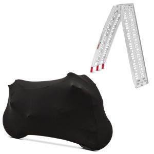 Set: Auffahrrampe bis 340 kg Alu-I klappbar + abdeckung Indoor M-L Stretch Garage in schwarz_1