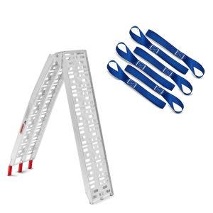 Set: Auffahrrampe bis 340 kg Alu-I klappbar + Zurrschlaufen passend für Spanngurte, 6er Mega Pack Blau