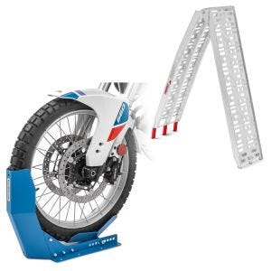 Set: rampe de chargement en Alu max. 340 kg pliable pour scooter quad ATV + Bloque Roue Easy-Fix Béquille Avant à 21 Pouces bleu